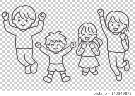 A line drawing illustration of a family of four jumping for joy, including parents, children (boys and girls), and long sleeves. A line drawing illustration of a family of four jumping for joy, including parents, children (boys and girls), and long sleeves. 143849872