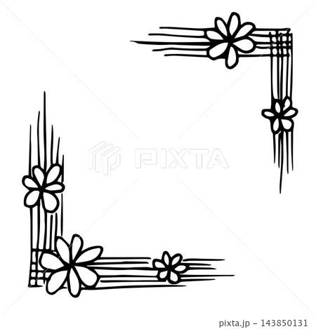 Hand-drawn floral corner frames. Simple vector black outline drawing, flowers, stripes, strokes. For the decoration of postcards, labels. 143850131