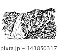 Hand-drawn vector drawing in engraving style. Wildlife, mountain landscape, waterfall, trees, rocks. Nature, recreation and travel. For prints of cards, labels. 143850317
