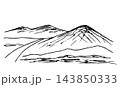 Simple hand-drawn vector drawing in black outline. Mountain landscape, road, hilly area, wilderness. Nature, rocks. For prints, postcards, labels. 143850333