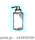 Simple vector doodle drawing in black outline on a blue white background. Hand disinfection, antiseptic spray in a bottle, cleansing, care, protection against germs. Sanitizer, medications. 143850500
