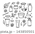 Simple hand-drawn vector doodle black outline drawing. Set for face and body care, skin. Cream, mask, shampoo. Natural cosmetics, spa beauty salon. Elements for product decoration. 143850501