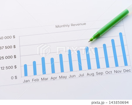 A monthly revenue bar chart showing growth in dollars with a green pen pointing to the August column A monthly revenue bar chart showing growth in dollars with a green pen pointing to the August column 143850694