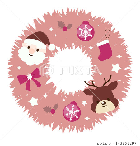サンタとトナカイのクリスマスリース　ピンクの冬飾り 143851297