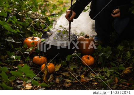 Witch stirring cauldron in woods with Halloween pumpkins Witch stirring cauldron in woods with Halloween pumpkins 143852071