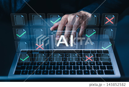 AI document review automation and compliance validation concept. Person using laptop with document files, green approval checks, red rejection marks, quality control, audit workflow, digital accuracy AI document review automation and compliance validation concept. Person using laptop with document files, green approval checks, red rejection marks, quality control, audit workflow, digital accuracy 143852582