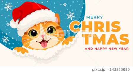 Merry Christmas And Happy New Year Greeting Card With Cat In Santa Claus Hat Merry Christmas And Happy New Year Greeting Card With Cat In Santa Claus Hat 143853039