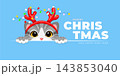 Merry Christmas And Happy New Year Greeting Card With Cat Wearing Reindeer Horns 143853040
