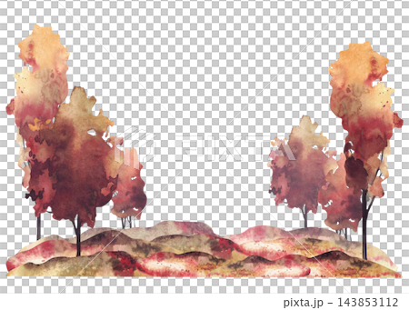 Watercolor Autumn landscape with group of deciduous trees on the field or hills. Realistic countryside fall forest frame hand painted illustration isolated on white for seasonal cards, posters, prints Watercolor Autumn landscape with group of deciduous trees on the field or hills. Realistic countryside fall forest frame hand painted illustration isolated on white for seasonal cards, posters, prints 143853112
