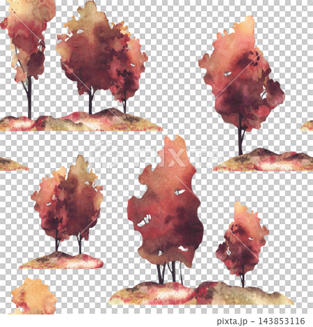 Watercolor Autumn landscape with group of deciduous trees on countryside field, hills seamless pattern. Hand drawn isolated from background illustration for fall textiles, wallpaper, seasonal design. Watercolor Autumn landscape with group of deciduous trees on countryside field, hills seamless pattern. Hand drawn isolated from background illustration for fall textiles, wallpaper, seasonal design. 143853116