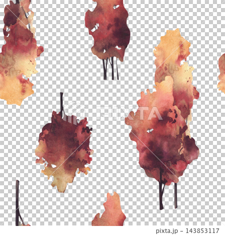 Autumn deciduous tree silhouettes with red, burgundy, orange and golden foliage, hand painted watercolor pattern isolated on white background for fall textiles, wallpaper and seasonal stationery. 143853117