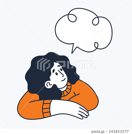 Woman Thinking with Thought Bubble Doodle. Cute Female Character Reflecting with Empty Speech Cloud. Linear Hand Drawn with Orange Accent. Vector illustration Woman Thinking with Thought Bubble Doodle. Cute Female Character Reflecting with Empty Speech Cloud. Linear Hand Drawn with Orange Accent. Vector illustration 143853577