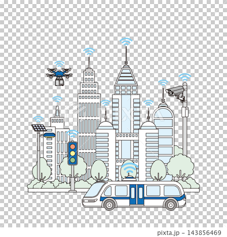 A background illustration of a smart city streetscape where IoT sensors, smart traffic lights, and autonomous buses work together. 143856469