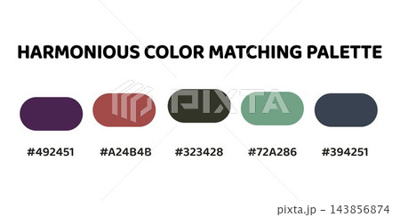 This harmonious color palette combines deep, rich tones with vibrant contrasts for a bold yet balanced aesthetic. plum, deep red, charcoal grey, muted green, slate blue. Introduce a calming. 172. 143856874