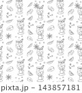 Seamless pattern of mulled wine, citrus and spices in hand drawn line art for winter wrapping paper. Vector illustration with fine mug and fruit outlines for fabric, gift wrap, wallpaper and packaging 143857181