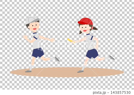 バトンリレーをする体操服の子供たち バトンリレーをする体操服の子供たち 143857530