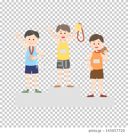 Boys in uniforms celebrating with medals on the podium. Boys in uniforms celebrating with medals on the podium. 143857720