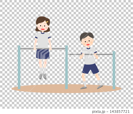 鉄棒をしている体操服の子供たち 鉄棒をしている体操服の子供たち 143857721