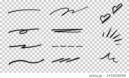 Hand-drawn style black marker line decoration set: Wavy lines, underlines, hearts, and focus lines. Hand-drawn style black marker line decoration set: Wavy lines, underlines, hearts, and focus lines. 143858099