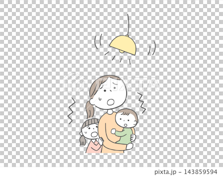 一幅插圖，描繪了一位母親、一個嬰兒和一個女孩被地震的搖晃嚇了一跳。 143859594