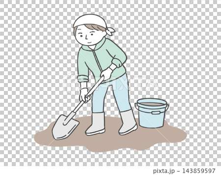 一幅描繪男子在洪水過後鏟淤泥的插圖。 143859597