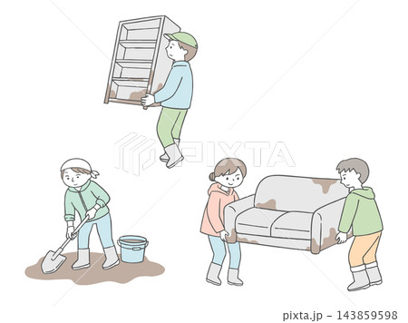水害後に泥で汚れた家具の片付けをする人々のイラストセット 水害後に泥で汚れた家具の片付けをする人々のイラストセット 143859598