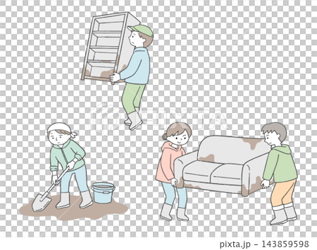 水害後に泥で汚れた家具の片付けをする人々のイラストセット 水害後に泥で汚れた家具の片付けをする人々のイラストセット 143859598