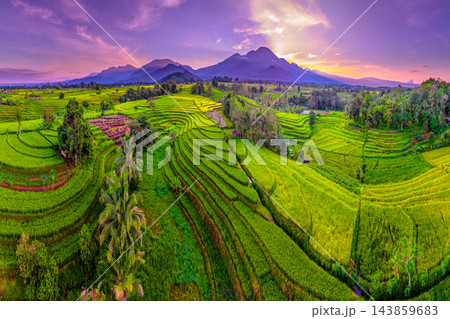 Aerial view of vibrant terraced rice paddies leading toward a prominent mountain peak at sunset, capturing the harmony between traditional farming and natural beauty. Aerial view of vibrant terraced rice paddies leading toward a prominent mountain peak at sunset, capturing the harmony between traditional farming and natural beauty. 143859683