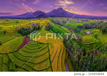 Aerial view of fertile rice terraces and patchwork farmland surrounded by hills and distant mountains, highlighting the rich agricultural scenery of tropical rural regions. 143859684