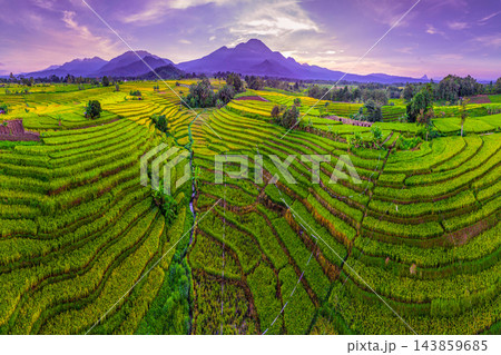 Aerial view of layered terraced rice fields stretching across rolling hills, with a majestic mountain backdrop and vivid green textures creating a stunning agricultural landscape. 143859685