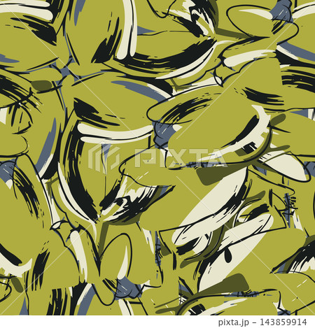 Repeating abstract floral brushstroke pattern with olive green, cream, black, and slate blue shapes, creating bold modern decorative surface for wallpaper, textile, wrapping, and contemporary design. 143859914