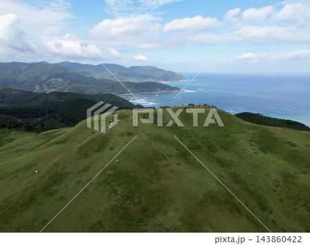 日本・九州・宮崎県の都井岬 太平洋の海岸と灯台で知られる岬の草原で草を食べる日本在来馬の御崎馬 日本・九州・宮崎県の都井岬 太平洋の海岸と灯台で知られる岬の草原で草を食べる日本在来馬の御崎馬 143860422