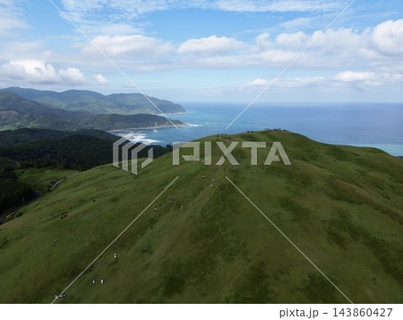 日本・九州・宮崎県の都井岬　太平洋の海岸と灯台で知られる岬の草原で草を食べる日本在来馬の御崎馬 143860427