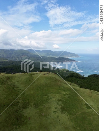 日本・九州・宮崎県の都井岬 太平洋の海岸と灯台で知られる岬の草原で草を食べる日本在来馬の御崎馬 日本・九州・宮崎県の都井岬 太平洋の海岸と灯台で知られる岬の草原で草を食べる日本在来馬の御崎馬 143860478