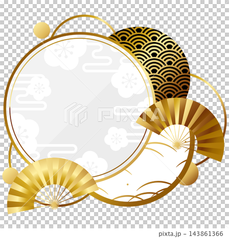 一款奢華的日式圓形裝飾相框，採用白色和金色配色。 143861366