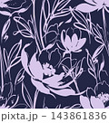Abstract floral pattern with flowing brush style blossoms and leaves in soft lavender on deep navy background, creating elegant seamless surface design for fabric, wallpaper, wrapping paper, and decor 143861836