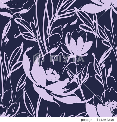 Abstract floral pattern with flowing brush style blossoms and leaves in soft lavender on deep navy background, creating elegant seamless surface design for fabric, wallpaper, wrapping paper, and decor Abstract floral pattern with flowing brush style blossoms and leaves in soft lavender on deep navy background, creating elegant seamless surface design for fabric, wallpaper, wrapping paper, and decor 143861836