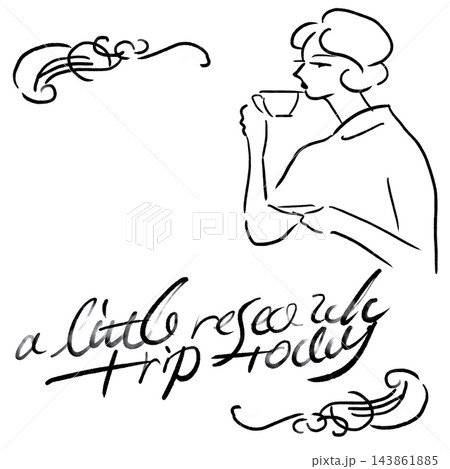 お茶を飲むエレガントな女性の横顔と手書き文字の線画イラスト お茶を飲むエレガントな女性の横顔と手書き文字の線画イラスト 143861885