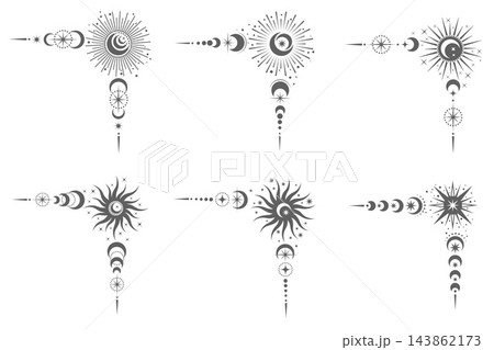 Celestial frame with moon, stars and mystical line borders. Elegant tarot ornamental dividers for magical designs and spiritual decoration. Vector corners set Celestial frame with moon, stars and mystical line borders. Elegant tarot ornamental dividers for magical designs and spiritual decoration. Vector corners set 143862173