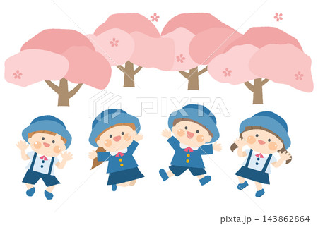 桜の前でジャンプする幼稚園児たちのベクターイラスト 143862864