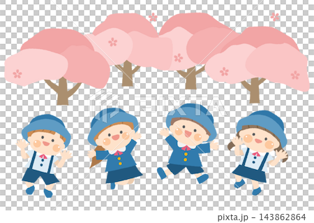 桜の前でジャンプする幼稚園児たちのベクターイラスト 143862864