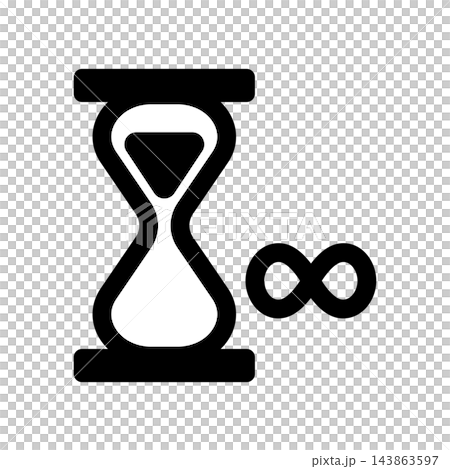 A simple icon featuring an hourglass and an infinity symbol. 143863597