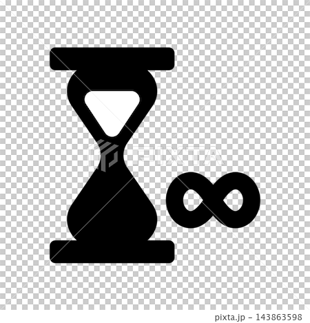 A simple icon featuring an hourglass and an infinity symbol. 143863598