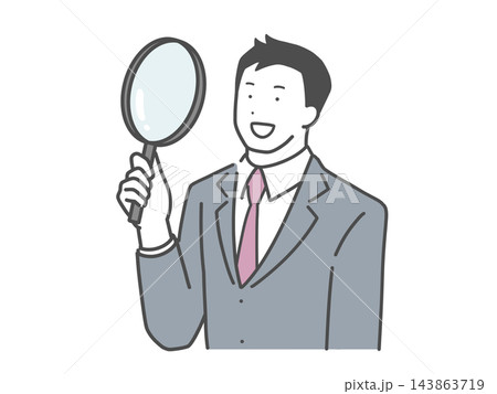 虫眼鏡を覗くビジネスマンのイラスト 虫眼鏡を覗くビジネスマンのイラスト 143863719
