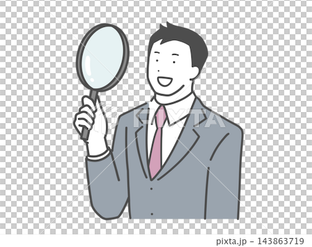 虫眼鏡を覗くビジネスマンのイラスト 虫眼鏡を覗くビジネスマンのイラスト 143863719