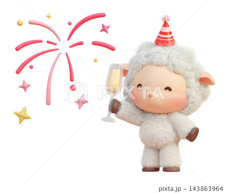 Cute 3D Sheep Character Holding a Champagne Glass Celebration Party Cute 3D Sheep Character Holding a Champagne Glass Celebration Party 143863964