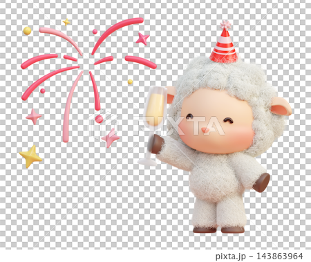 Cute 3D Sheep Character Holding a Champagne Glass Celebration Party Cute 3D Sheep Character Holding a Champagne Glass Celebration Party 143863964