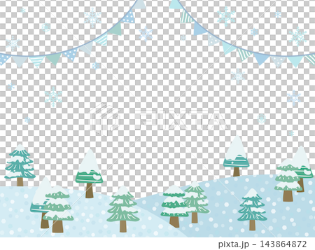 冬の雪景色の背景フレーム素材(ガーランド、雪の結晶) 冬の雪景色の背景フレーム素材(ガーランド、雪の結晶) 143864872
