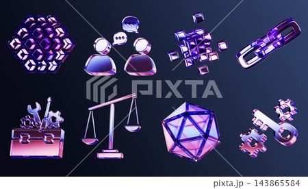 Neon glass business and technology 3D icon set. AI data cube, chatting people, chain link, tool box, scales, key and gears. Teamwork, communication, settings, digital network symbols. 3D illustration 143865584
