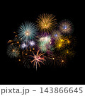 Fireworks of various colors and shapes burst in night sky 143866645